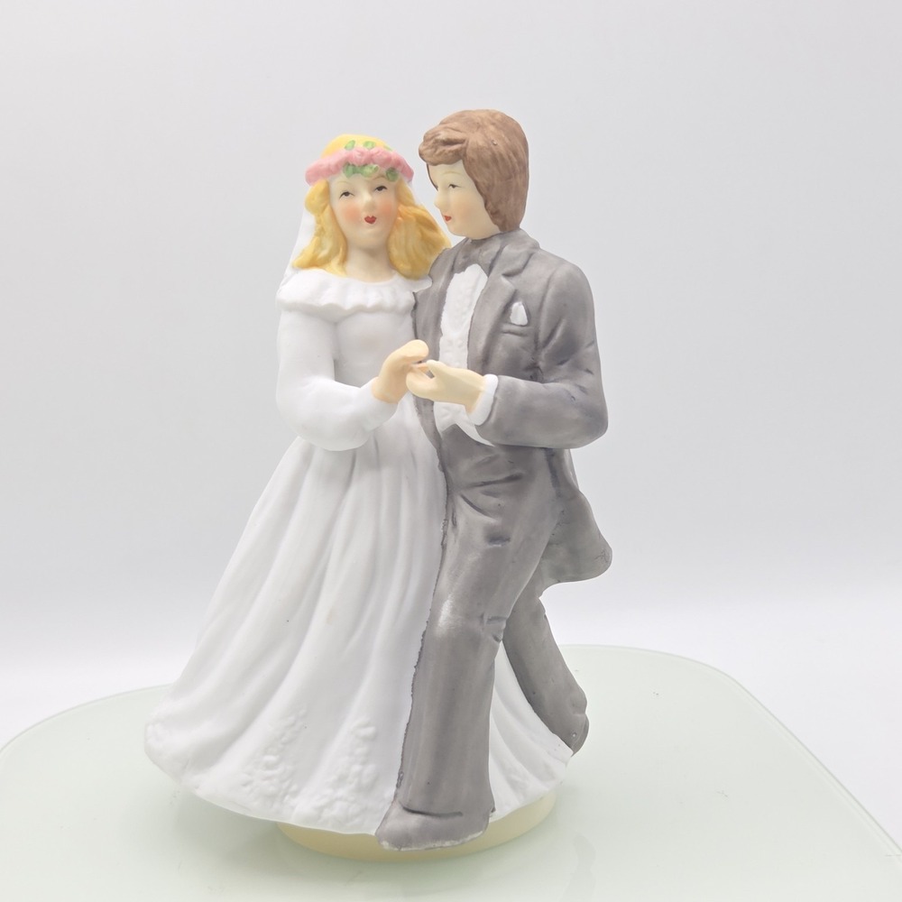 Vintage Bride Groom Dancing Music Box Figurine Wedding Cake Topper Decor 7.5in